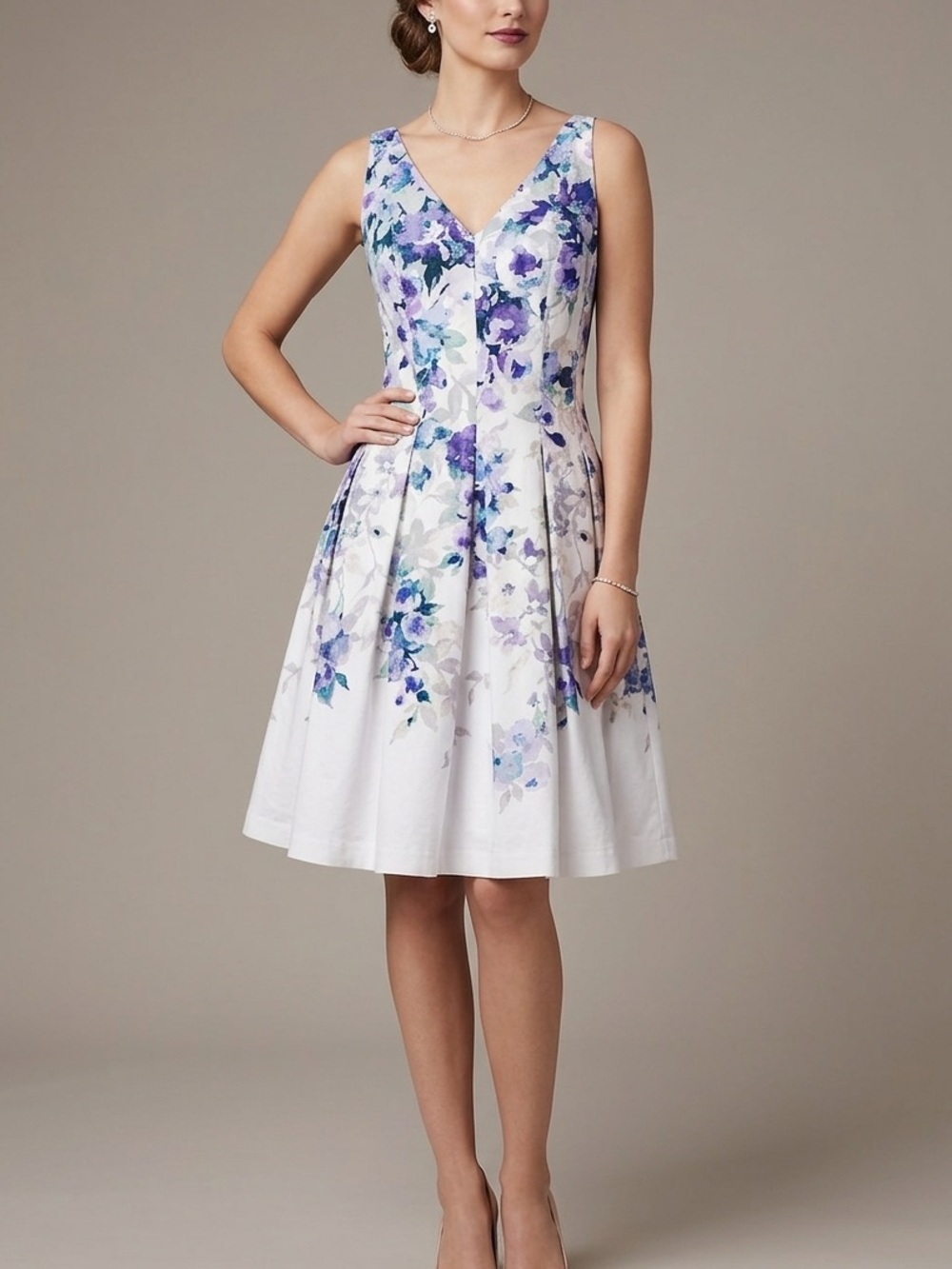 NWT Lauren Ralph Lauren White Elegant Feminine Dress Lavender Floral Print 10P